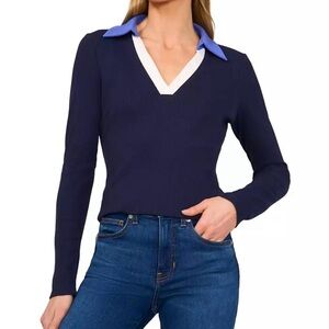 NWT Cece Women's Johnny-Collar Long-Sleeve Ribbed-Knit Top